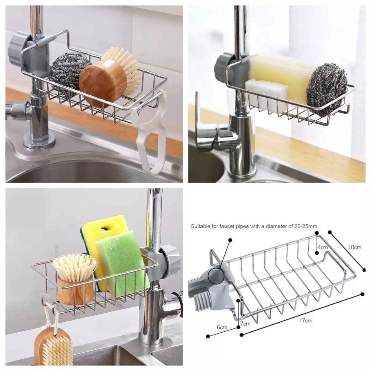Stainless Steel Faucet Sponge Holder – Adjustable Kitchen Sink Caddy Organizer