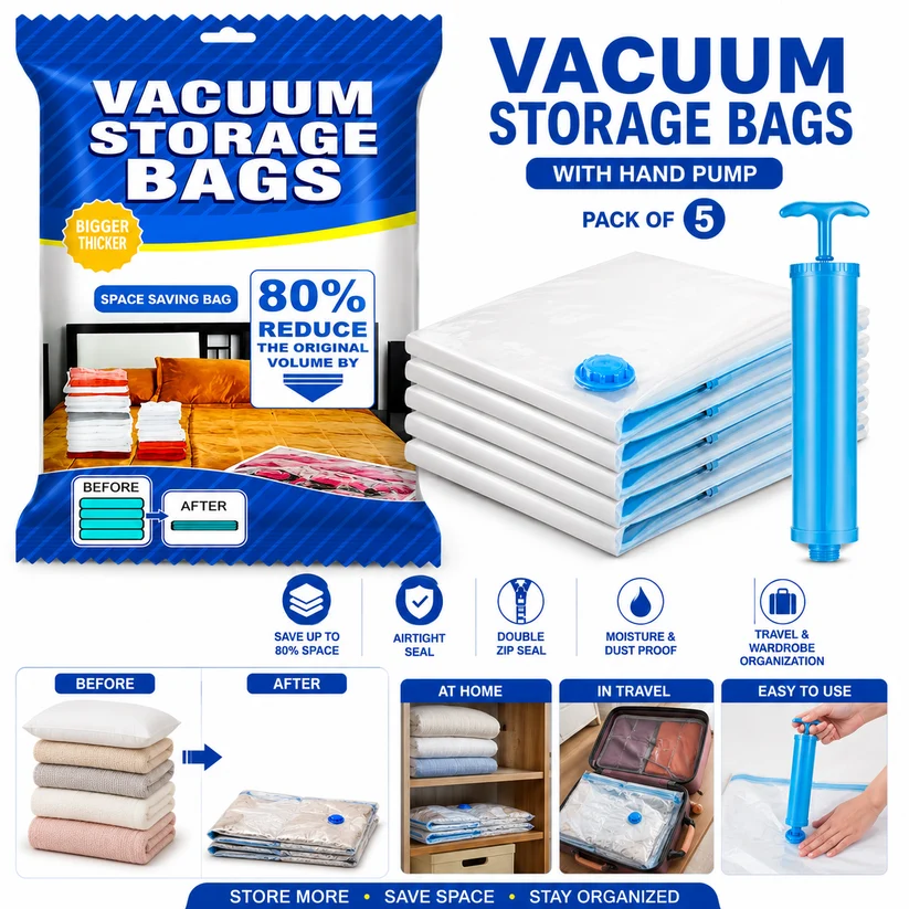 Vacuum Compression Storage Bags (Set of 5) with Free Hand Pump – Airtight Space Saving Organizer for Clothes, Bedding & Blankets