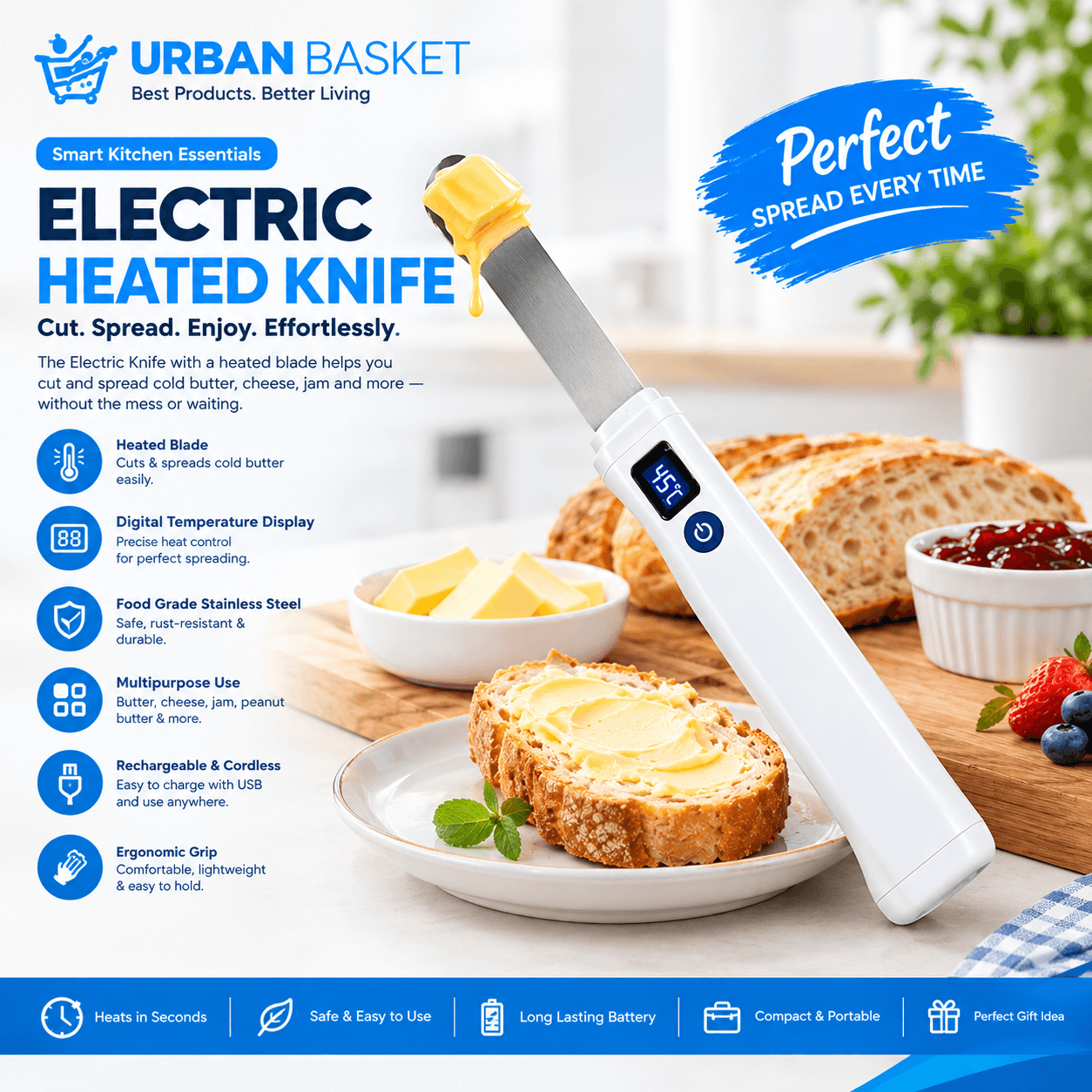 Electric Knife – Heated Knife for Butter, Cheese, Jam & Easy Spreading