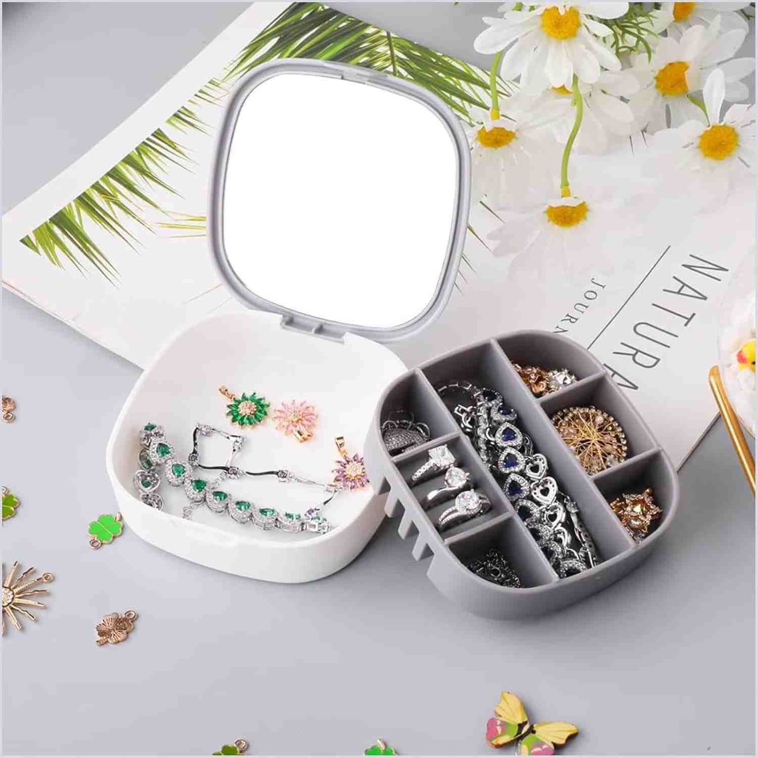 Portable Mini Jewelry Storage Box with Built-In Mirror â€“ Compact Travel Organizer for Rings, Earri