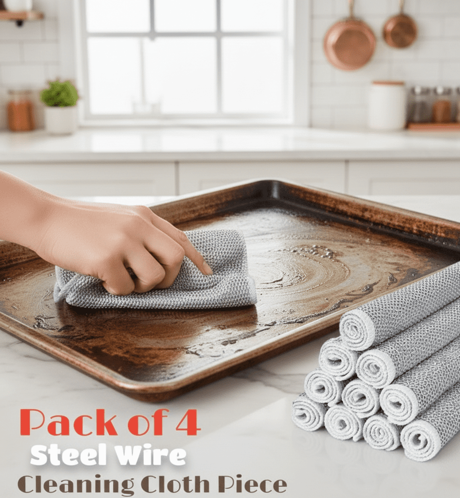 Pack of 4 Kitchen Steel Mesh Wire DishWasher Cleaning Cloth – Durable Dishwashing Scrubber Pads for Utensils, Pots, Pans & Daily Kitchen Cleaning